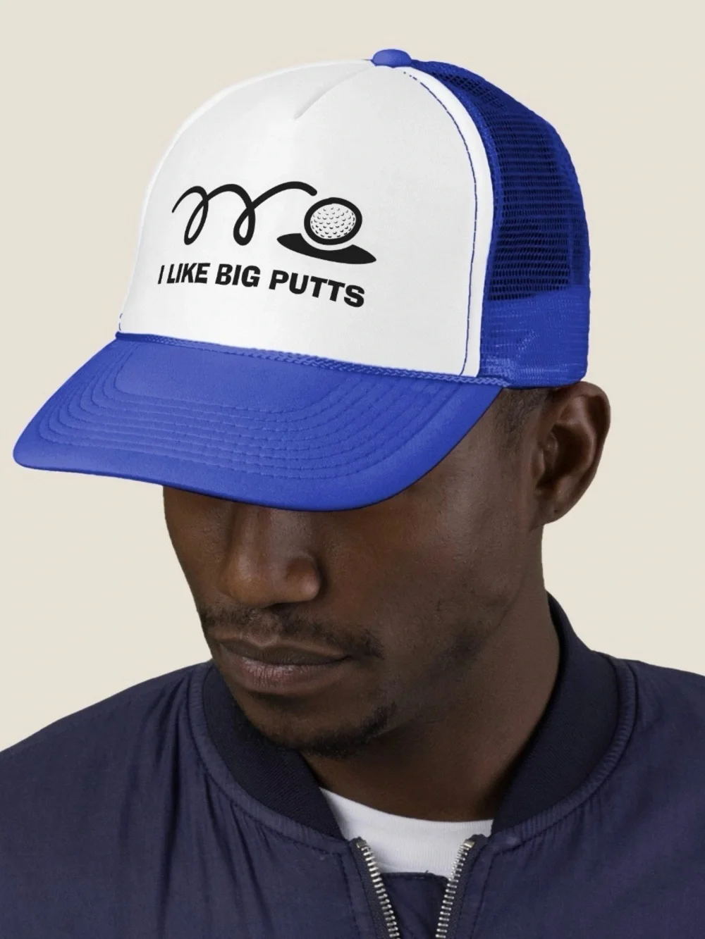 White & Royal Blue Trucker Hat with 'I Like Big Putts' Print